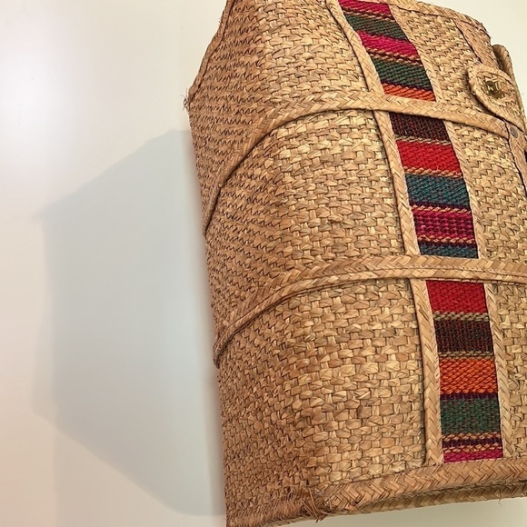 Vintage 1960’s Woven Grasscloth Straw XL Foldover Closure Tote - Picture 4 of 12